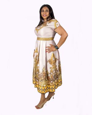 Brown Pleated Satin Dress