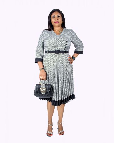 Grey Pleated Belted Dress