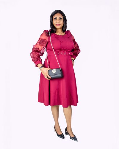 Wine Belted Dress with Chiffon Sleeves